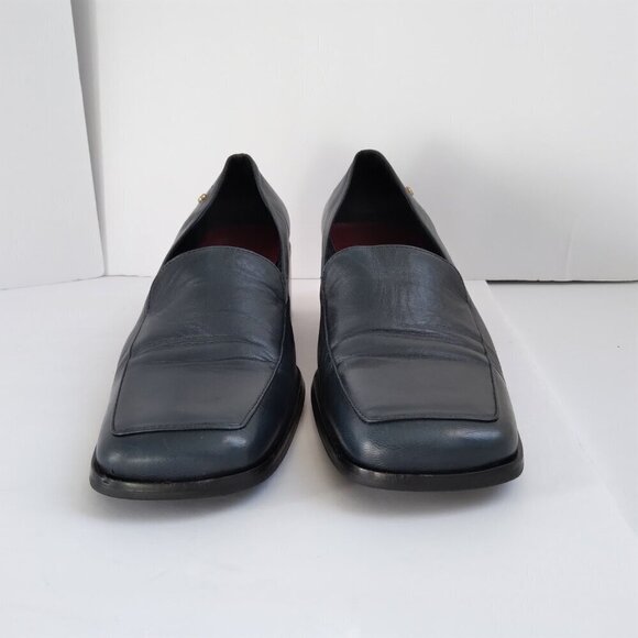 Stylish 90's Navy Leather 'Status' Slip On Square Toe Block Heel Shoes Sz 8.5 - Picture 3 of 10